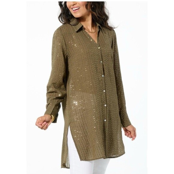 Colleen Lopez Button Front Sequin Tunic Top Size Large Embellished Olive Green - Picture 1 of 9
